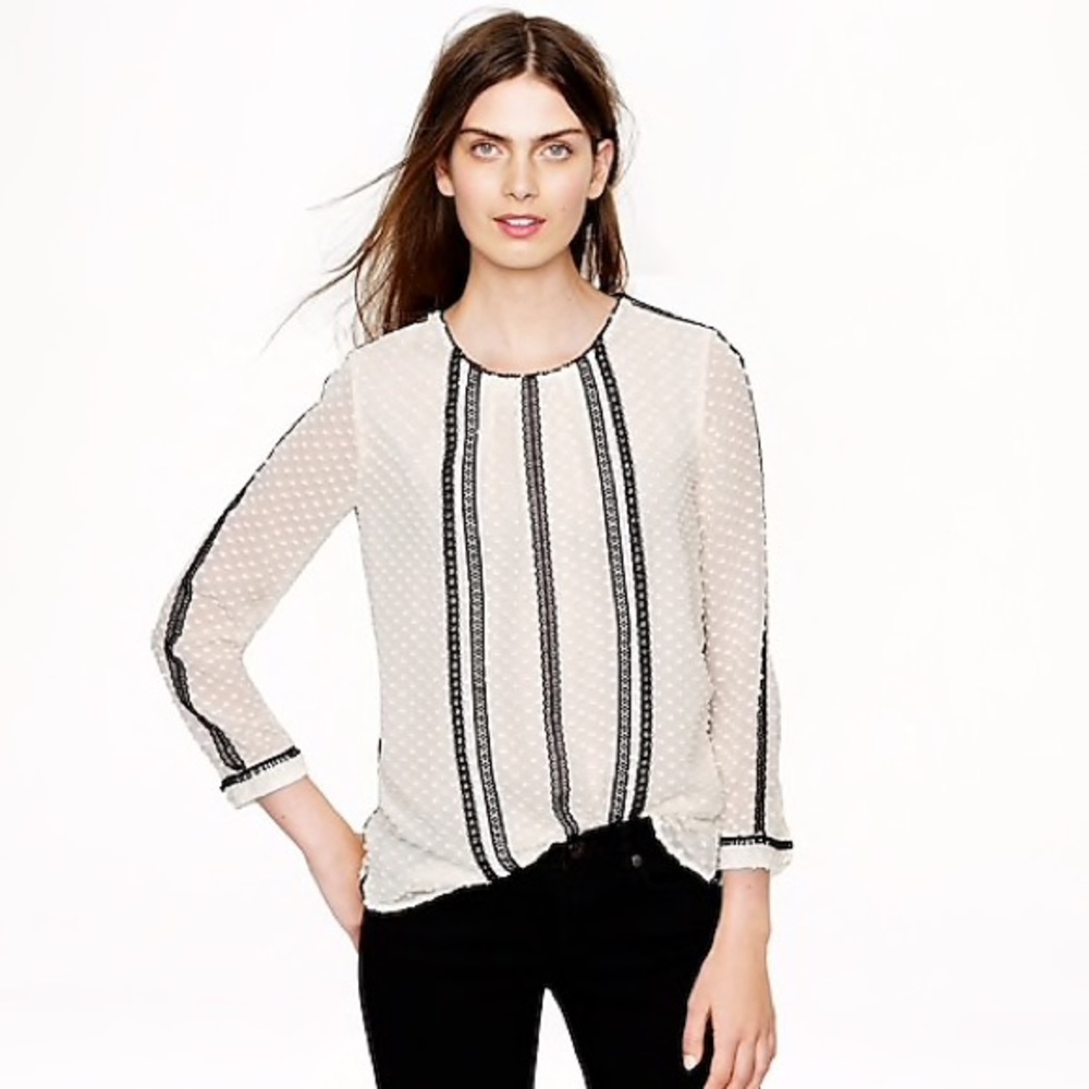 J. Crew lace-trim swiss-dot top Blouse black flaw